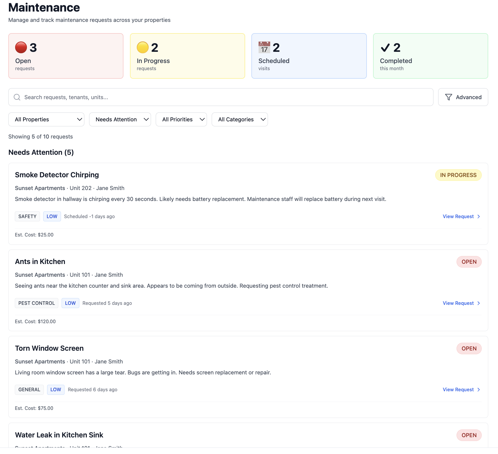 PlaceDock Maintenance Added - A maintenance request is added to the property.